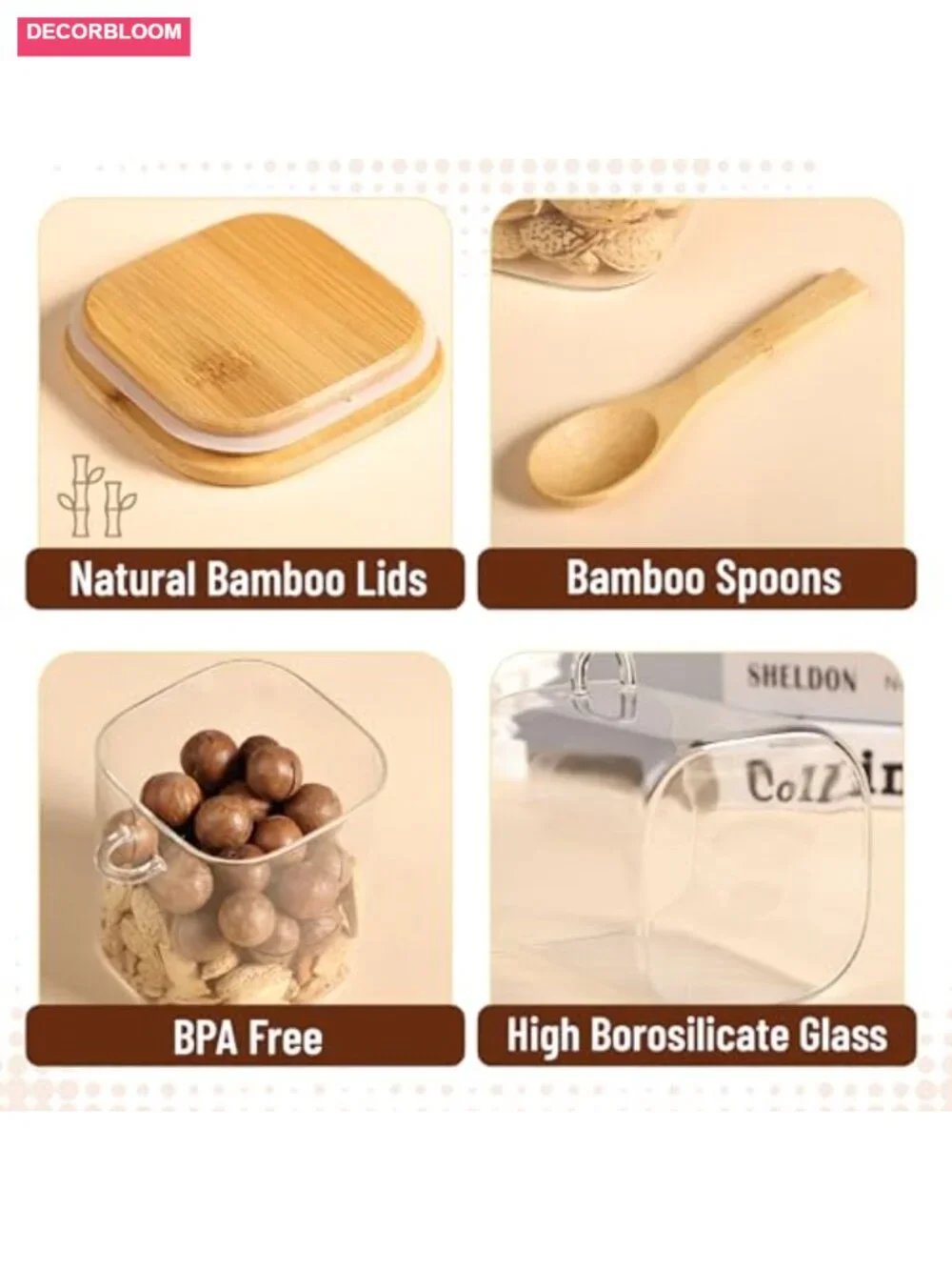 Glass Jars with Bamboo Lids and Spoons Set - 28 Oz, Airtight Food Storage
